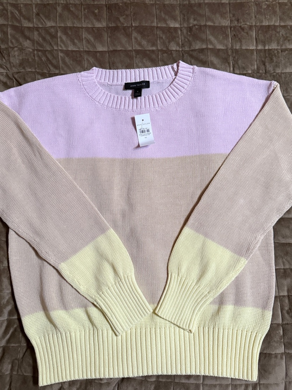 Ann Taylor Pastel Colorblock Crewneck Sweater - Pink, Cream, Yellow